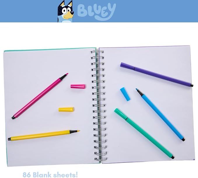 Bluey Sketchbook for Kids with Washable Markers, 86 Blank Pages Spiral Bound, Turquoise