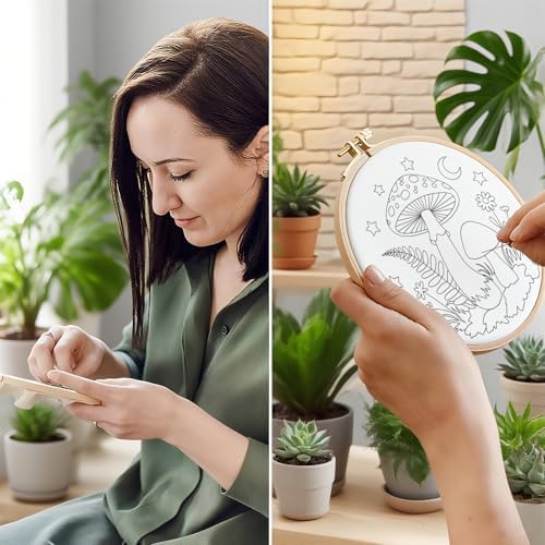 ORIGACH 5 Pack Mushroom & Plants Embroidery Kits for Beginners DIY Starter Hand Embroidery Kit with Floral and Plants Patterns and Instructions for Adults Women Crafting