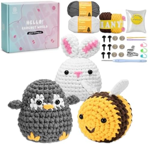 Zepiany Crochet Kit for Beginners, Crochet Kit for Adults Easy Arts Crochet Animals Crafts, Knitting Kit Crochet Kits Women Men with Step-by-Step Video Guides Crochet Gifts, Penguin Bee Bunny