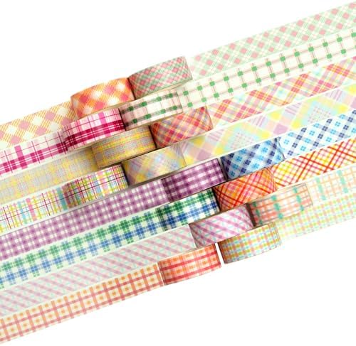 Colorful Plaid Washi Tape Set 16 Rolls Basic Grid Decorative Masking Tapes for Arts, DIY Crafts, Journals, Planners, Scrapbook, Wrapping (Candy Plaid)