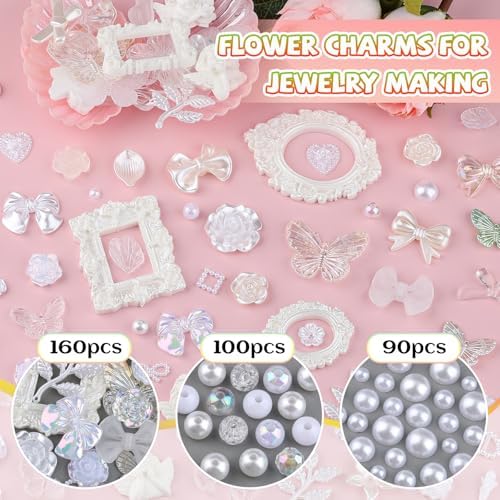350 Pieces 3D Resin ABS Colorful Rose Flower Bows Butterfly Charms with Flatback Half Round Pearl Beads for Bracelet Earring Necklace Craft DIY Making Supplies