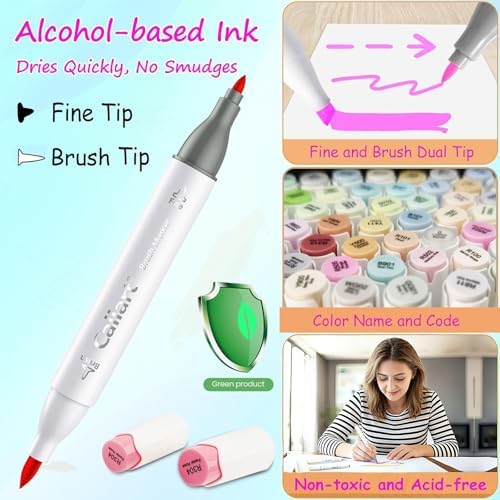 Caliart 61 Colors Alcohol Markers Brush Tip & Fine Pastel Markers for Adult | Permanent Art Pens with Case for Coloring Books, Artists Drawing Beginners Painting Hobbyists Sketch Art Supplies Gifts