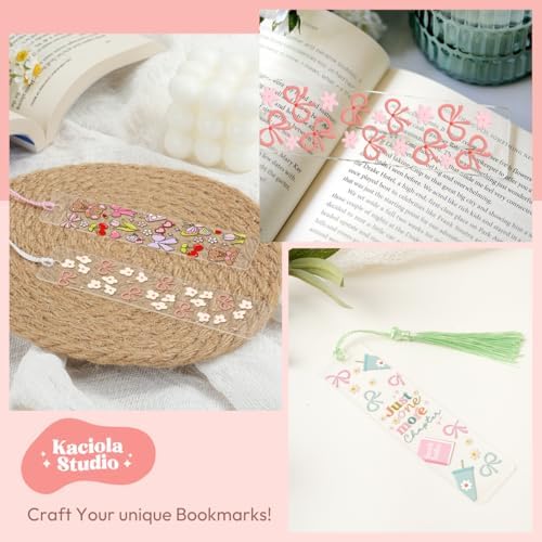 Kaciola 24PCS Acrylic Bookmark Blanks with 24PCS Pink Bow Theme UV DTF Stickers and 4 Colors Tassels,Blank Bookmarks UV DTF Transfers Stickers for DIY Crafts Hanging Tag Gift Bookmarks DIY