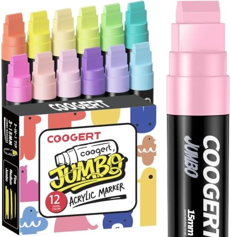 Coogert 12 Pastel Colors Jumbo Poster Markers, 15MM Thick Permanent Acrylic Graffiti Markers, Wide Tip Paint Marker for Canvas, Posters Board, Fabric, Window, Wood,Teachers,Banner painting supplies