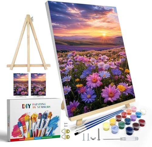 JOOZ Flowers Paint by Numbers Kit for Adults with Frame, Sunset Mountain Paint by Number with Easel, DIY Adult Paint by Number Kits on Canvas Landscape for Home Wall Decor 8 x 12 Inch