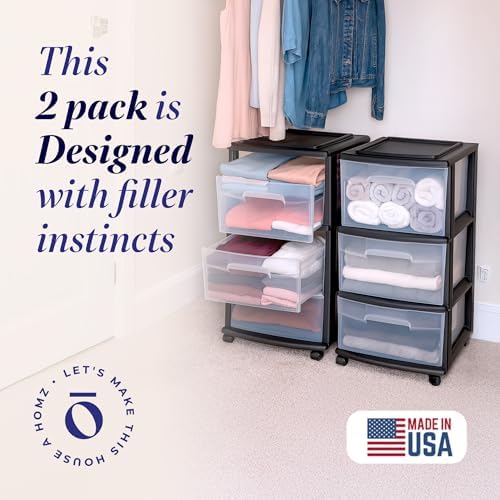 HOMZ Drawer Tower 3-Tier Storage Cart, Removable Wheels, Black Frame,2 Pack