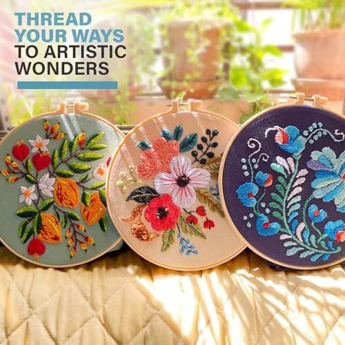 Colorful Flowers Embroidery Kit for Beginners – DIY Hand Embroidery Set with 3 Hoops, Stamped Patterns, Needles, Thread, Scissors – Floral Embroidery Kit for Adults, Teens, Women, Craft Lovers
