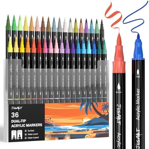 JusArt Acrylic Paint Markers 36 Colors, Dual Tip Art Supplies for Rock
