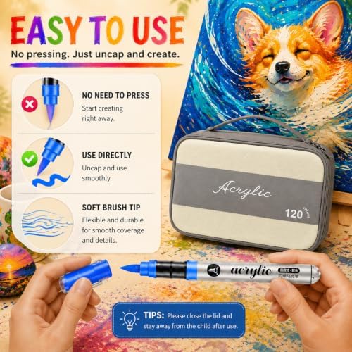 120 Color Acrylic Paint Markers Set – Soft Brush Tip Acrylic Paint Pens and Markers for Artists, DIY Crafts, Canvas, Wood, Glass, Rocks, Fabric and More Creative Projects(GREY)