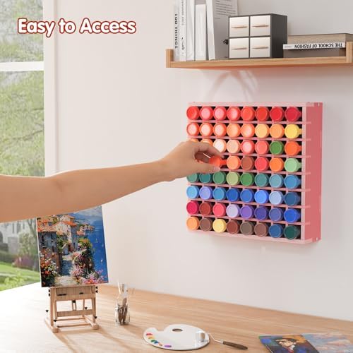Krafetto 64-Grid Paint Organizer for 2 Oz Bottles, Wall Mount, Pink