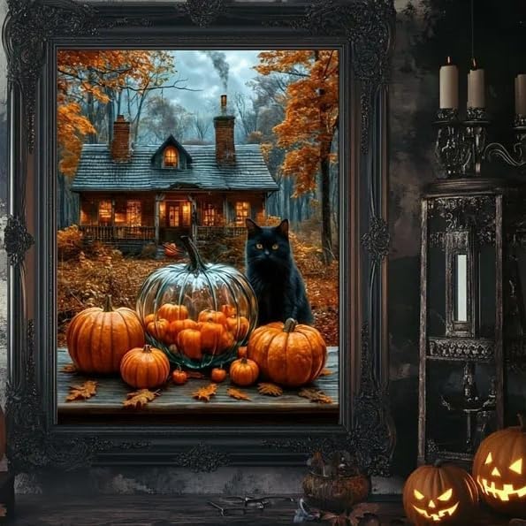 KYOQFVN Halloween Diamond Painting Kits for Adults, Black Cat Diamond Art Kits for Adults, DIY Full Drill Diamond Paintings Picture Arts Craft for Home Wall Art Decor 12×16 Inch