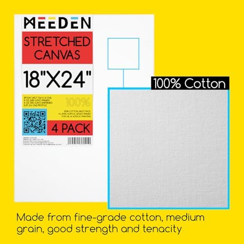 MEEDEN Stretched Canvas, 18 × 24 Inch, Pack of 4, Blank White Canvases for Painting, 100% Cotton, 14 oz Gesso-Primed, Pre-Stretched Canvas for Acrylic Oil Pouring & Airbrushing Painting