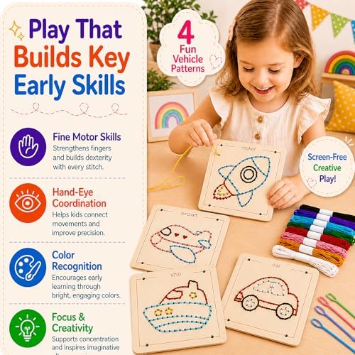Montessori Wooden Lacing Toys for Toddlers and Kids Ages 2-4 5-7, Sewing Kit Fine Motor Skill Busy Board, Education Sensory Preschool Toy for 1 2 3 4 Year Olds, Birthday Gift for Boys and Girls