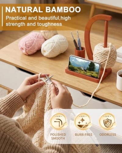 SPEENSUN Magnetic Bamboo Yarn Holder with Phone Stand, Walnut Finish