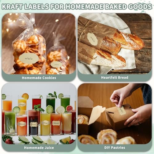 300 Pcs Kraft Labels Stickers, 1.2x2 Inch, 3 Decorative Designs, Writable for Gift Wrapping, Pantry Storage, Jars & Wedding Decor