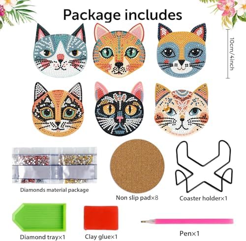 6 Pcs Diamond Art Coasters Kit for Adult with Holder, Diamond Coaster 4x4in