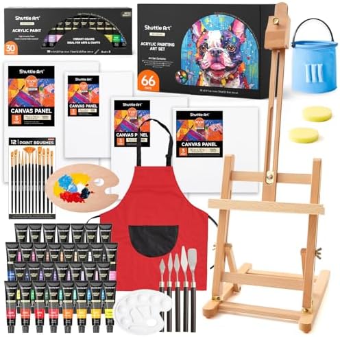 66 Pack Acrylic Paint Set, Shuttle Art Acrylic Painting Set with 30 Colors Acrylic Paint, Wooden Easel, Painting Canvas, Paint Brushes, Palettes, Art Painting Supplies for Kids Adults Beginner Artists