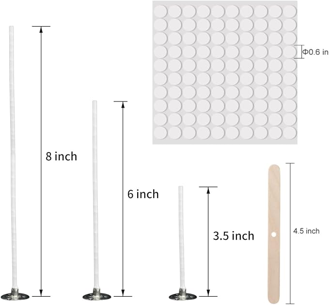 buluker 150Pcs Functional Smokeless Candle Wicks - Pre Waxed Cotton Wick with Metal Sustainer Tabs for Pillar Candle Making and DIY, (Thick3.5+6"+8")