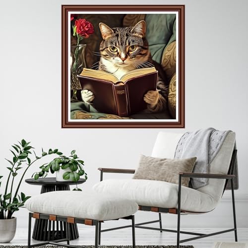 Dimensean Counted Cross Stitch Kit for Beginners, 11CT Unprinted Cross-Stitch Kit Easy Patterns Needlepoint Kit Cross Stitching Embroidery Kit Supplies-Cat Reading 18x18 inch