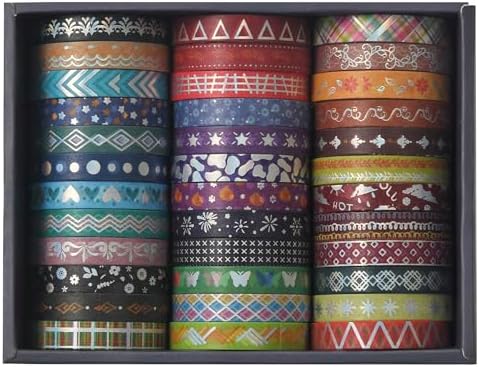 36 Rolls Skinny Washi Tape Set Gold Foil Detailing Arts Adhesive Tapes Basic Patterns Decorative Masking Tape Sets for Craft, Kids, Scrapbook, DIY, Gift Wrapping (Colorful Silver)