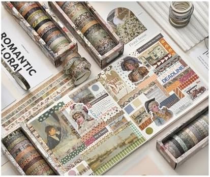 Retro Skinny Washi Tape Set 20 Rolls- Antique Patterns Masking Thin Basic Decorative Tapes for Arts, DIY Crafts, Bullet Journal, Planners, Scrapbook Decor, Gift Wrapping, Junk Journal