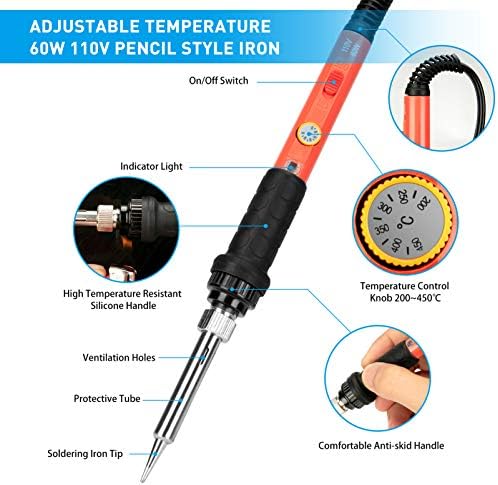 Soldering Iron Kit, 60W Upgraded Soldering Kits Adjustable Temperature Welding Tool Solder Irons Pen with On/Off Switch Use for Electrical Repairs