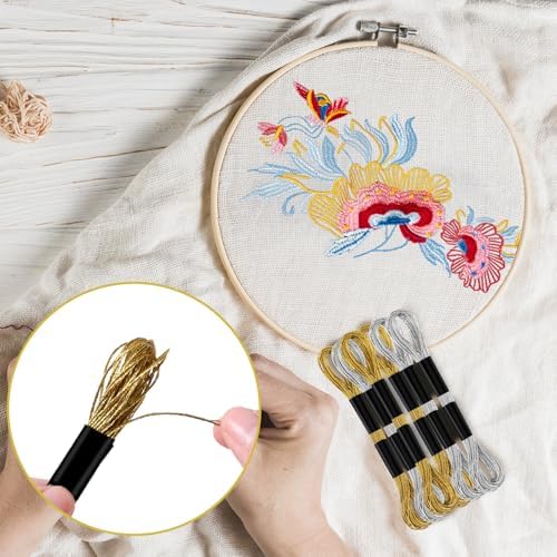 6 Skeins Embroidery Threads, Metallic Embroidery Floss (Gold + Silver)