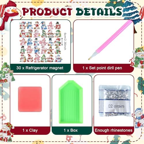 Motipuns 30 Pcs Diamond Magnets,Christmas Snowman,Pink Blue