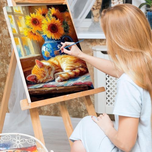 Bowetile Framed Paint by Numbers Cat Kit for Adults, Adults' Paint-by-Number Kits on Canvas, Painting by Numbers Sunflower, DIY Acrylic Number Painting for Home Wall Decor, 8x12in
