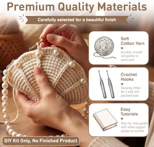 DIY Crochet Shell Purse Kit for Beginners – Handmade Yarn Bag Making Set with Two Pearl Chain Straps, 10mm Pearl Beads, Silver Hardware & Instructions – Easy Beginner Crochet Bag Craft Gift for Adults