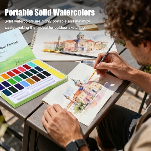 24 Colors Large Block Watercolor Paint Set for Watercolors Workbook, Portable Water Colors Paint Kit with 2 Paintbrushes 1 Waterbrush, for Adult Painting Beginners & Professional Amateur Hobbyists
