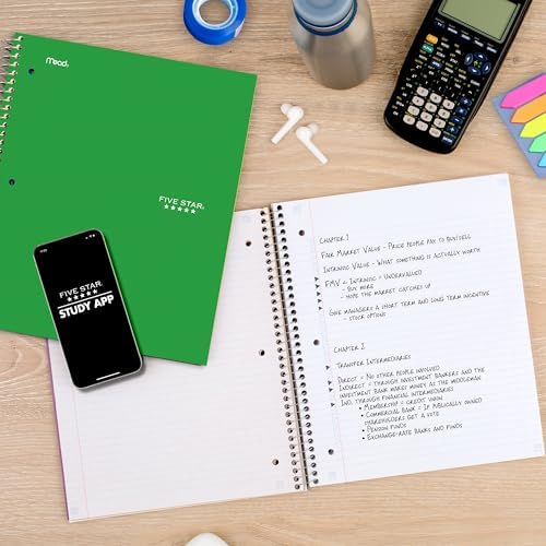 Five Star Spiral Notebook + Study App, 5 Subject, College Ruled Paper, 8.5" x 11", 200 Sheets, Green (Color May Vary) (72079)