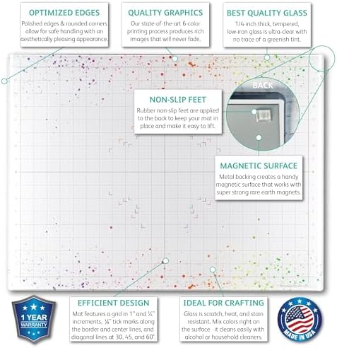 GLASSBOARD STUDIO Glass Craft Mat - Magnetic, Heat & Scratch Resistant - For Crafting, Cutting, Painting, Mixed Media Artwork - Grid Lines, Non-Slip Rubber Feet (Color Burst 13.5”L x 18”W)