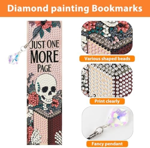 Mandun 4 Pcs Skull Diamond Painting Bookmark Kits, Special Shaped Diamond Art Bookmarks with Pendant, DIY Book Diamond Art Bookmarks with Tassels Crafts Gifts Supplies