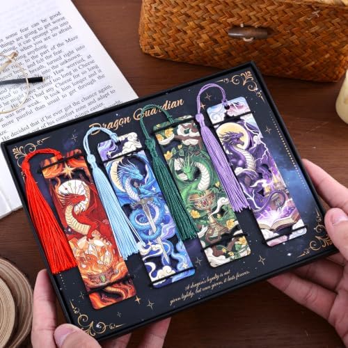 4 Pieces Wooden Dragon Bookmarks for Books, Journals, Planners - Cool Magic Book Markers for Reading Women & Men, Unique Book Marks Gifts for Book Lovers, Reading Accessories for Adults & Kids
