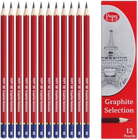 Pepy Graphite Professional Drawing Pencils - Set of 12 6B Pre-Sharpened Black Lead Pencils; Perfect for Drawing, Sketching and Shading, Graphic and Fine Art
