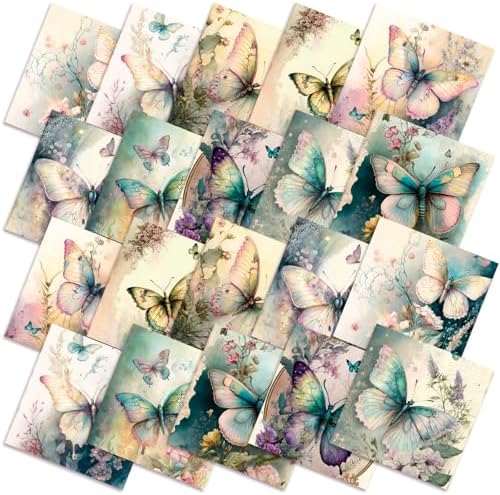 HunnmingRe 20 Pcs 10''x10'' Vintage Butterfly Quilting Fabric Square Spring Floral Precuts Quilted Fabric Bundle Watercolor Butterfly Printed Sewing Material for Holiday Patchwork DIY Craft Supplies