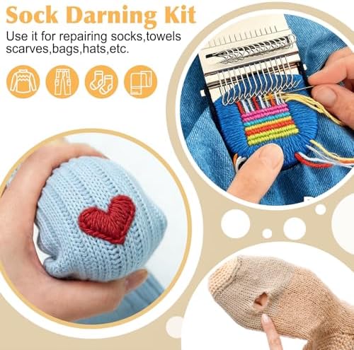 Meetory Knit Patch - Mushroom Mini Darning Loom, Knitpatch Kit with 14 Hooks Small Weaving Loom 14 Pcs Large Eye Needles 50 Color Threads for Handcraft DIY Weaving Repair Tool for Mending Jeans Socks