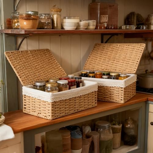 Nonam Rattan Divided Storage Basket with Lid, Set of 3, Natural
