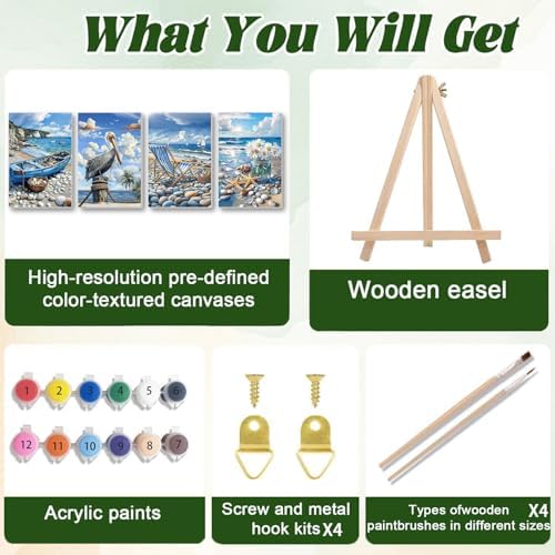 ICYANART 4 Pack Beach Paint by Numbers Kit for Adult Beach with Frame Easel