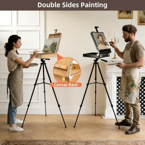Black French Style Easel Sketch Box with Aluminum Tripod | Lightweight Black Aluminum Tripod, Adjustable Portable Plein Air Easel for Outdoor Painting, Sketching & Painting