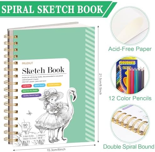 5.5×8.5In Sketch Book for Kids, 100gsm Spiral Sketchbook for Drawing, Green | 90 Sheets Acid-Free Drawing Paper with Pencils, Tear-Out Pages, for Drawing & Sketching, idea for Back-to-School Gifts