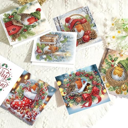 6Pcs Christmas Greeting Card DIY Diamond Art Painting Greeting Cards Blessing Folding Card Kit with White Envelopes Diamond Arts Crafts for Birthday Festival Gift-Bird02