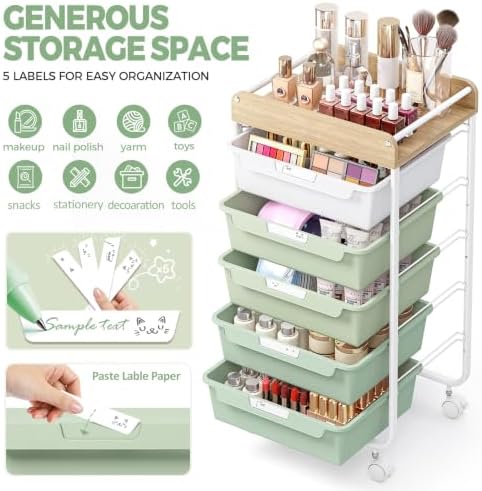 SYKIARIOL Rolling Storage Utility Cart with 5 Drawers,Green