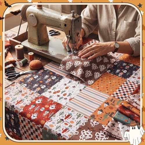 HunnmingRe 20 Pcs 10''x10'' Western Halloween Quilting Fabric Square Cowboy Ghost Precut Quiltted Fabric Cactus Pumpkin Lantern Cow Printed Patchwork Materials for Wild West Sewing DIY Craft Supplies