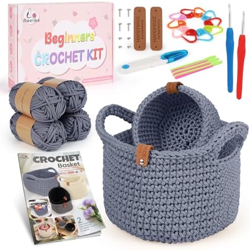 Aeelike Crochet Basket Kit for Beginners,Grey Round Basket,Gift Box Package