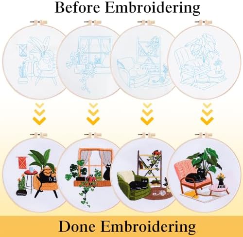 4 Sets Black Cat Embroidery Kit for Beginners with Tool Set Cat Pattern