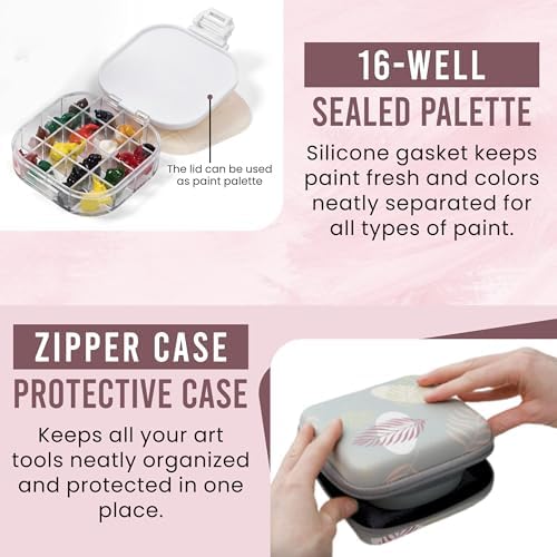 Airtight Watercolor Palette with Lid - Set of 5 Paint Brush Holder Cup with Paint Palette | Acrylic Paint Palette | Paint Brush Cleaner Cup | Painting Accessories | Painting Palette Gifts for Artists