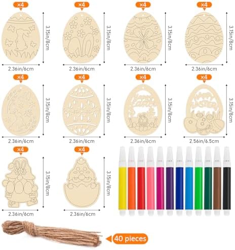 Philorn 40PCS Easter Wooden Crafts Wood Ornaments Kits | Easter Wooden Egg Crafts DIY Eggs Hanging Set for Kids Easter Party Supplies Kids Painting Arts Crafts Spring Home