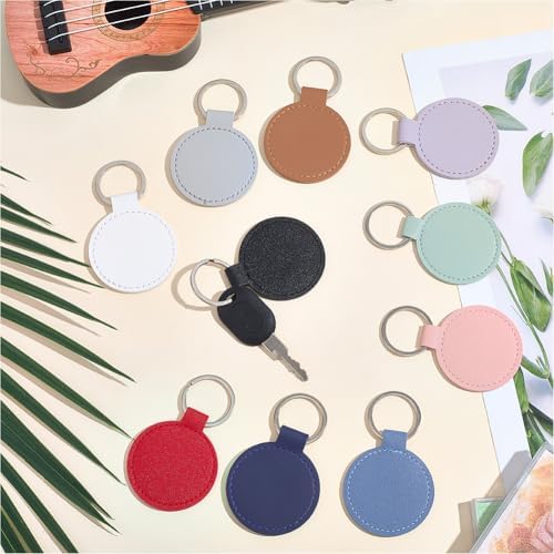 10 Colors Round PU Leather Keychain Blanks Double Side Leather Keychain Kits with Key Rings Sublimation Key Fob Keyring Holder Bulk for DIY Craft Present Making Birthday Gift